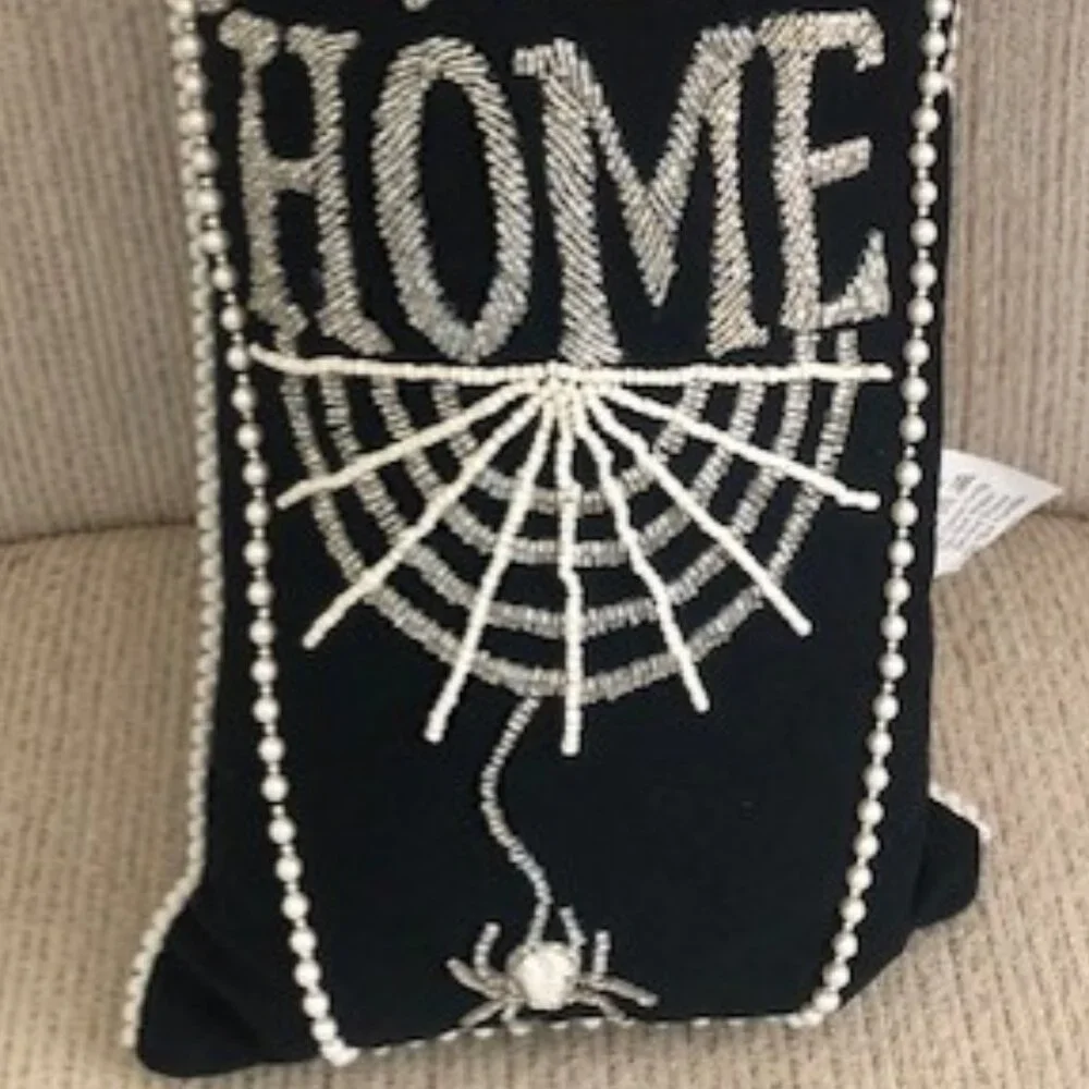 Haunted Manor Home Sweet Home Beaded Halloween Throw Pillow 19x8 Black Silver